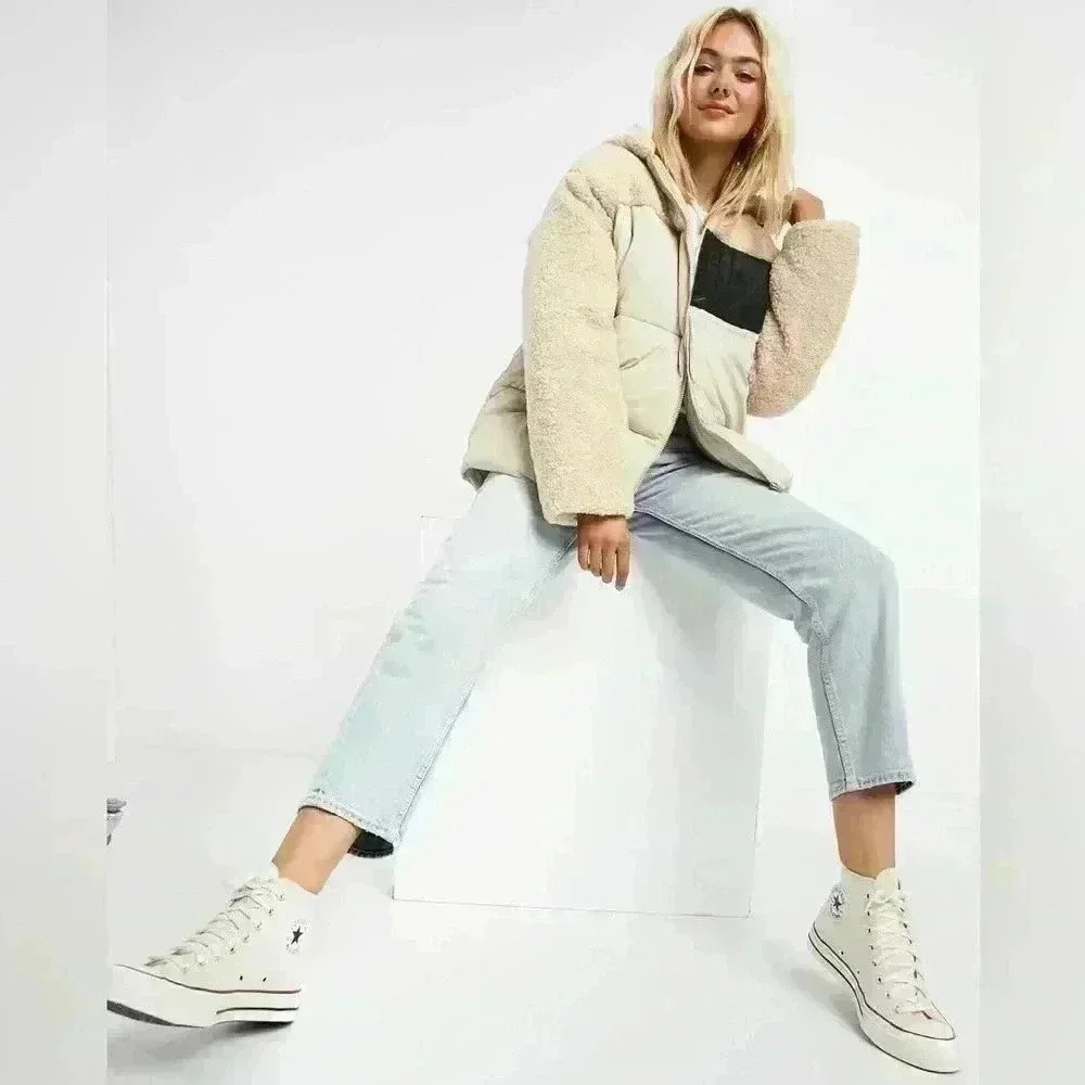 ASOS DESIGN fleece patched puffer jacket in cream size US 6